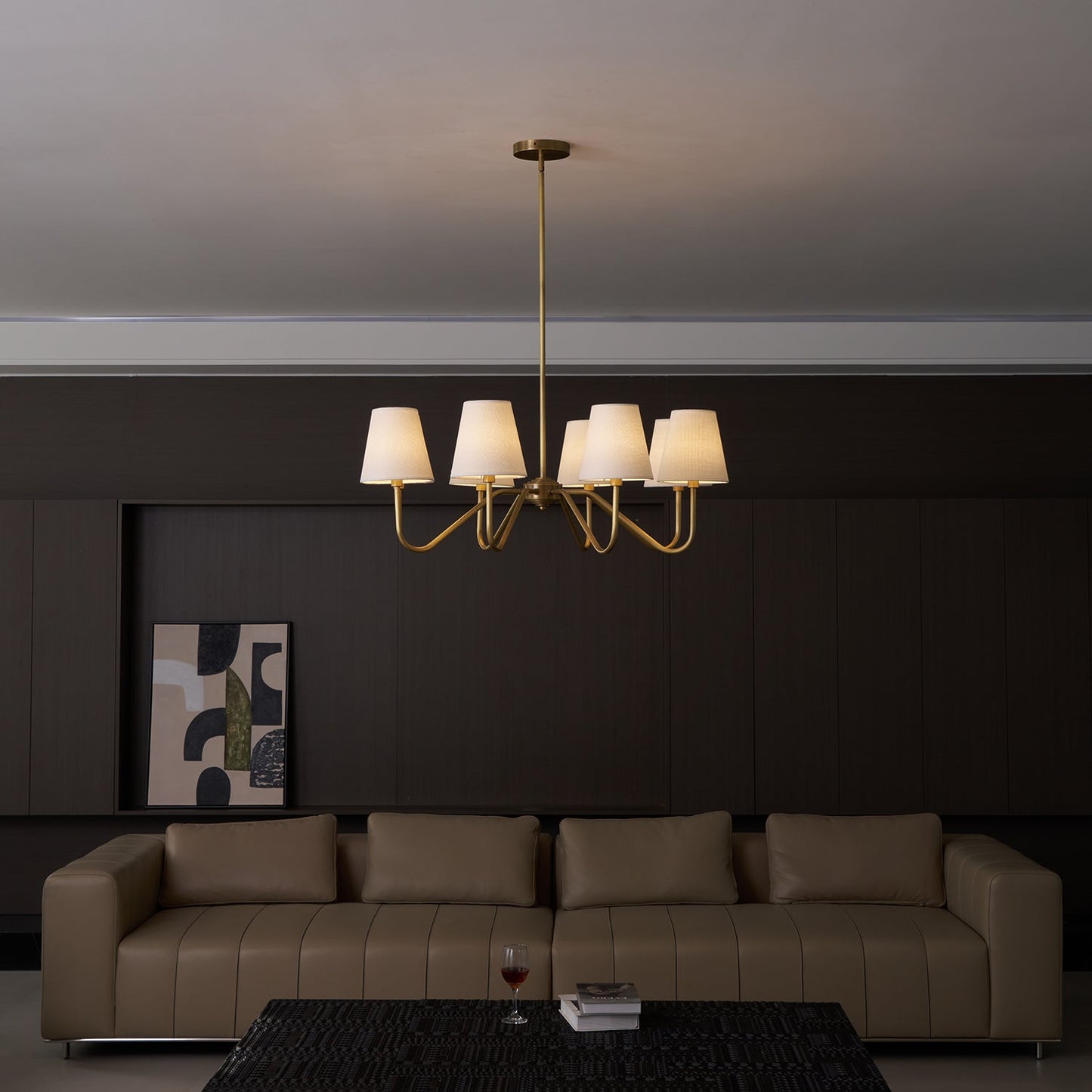 Colette Brass Chandelier, Curved Arms with Fabric Shades in Warm Brass Finish