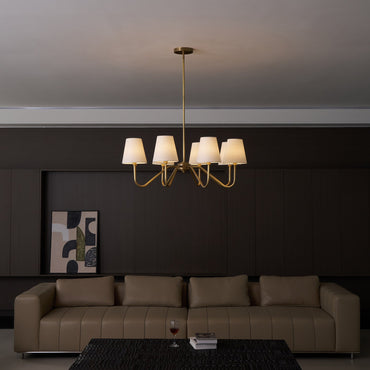 Colette Brass Chandelier, Curved Arms with Fabric Shades in Warm Brass Finish