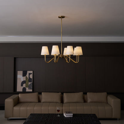 Colette Brass Chandelier, Curved Arms with Fabric Shades in Warm Brass Finish