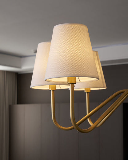 Colette Brass Chandelier, Curved Arms with Fabric Shades in Warm Brass Finish
