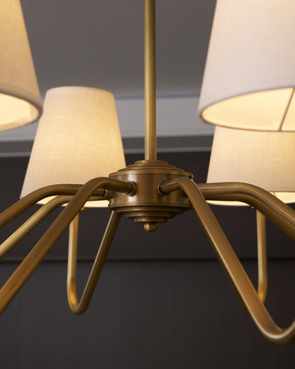 Colette Brass Chandelier, Curved Arms with Fabric Shades in Warm Brass Finish