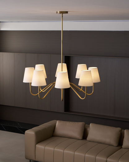 Colette Brass Chandelier, Curved Arms with Fabric Shades in Warm Brass Finish