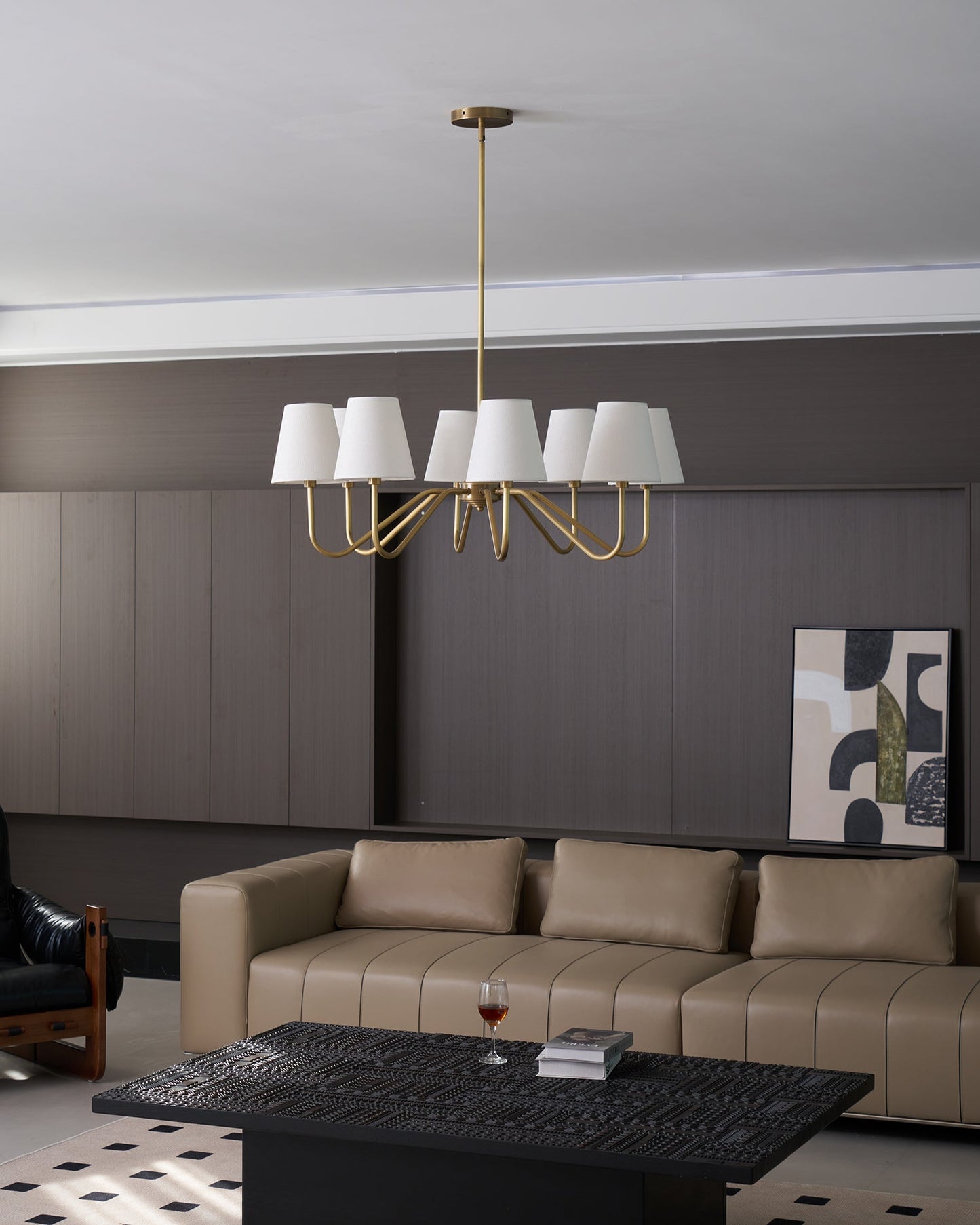 Colette Brass Chandelier, Curved Arms with Fabric Shades in Warm Brass Finish