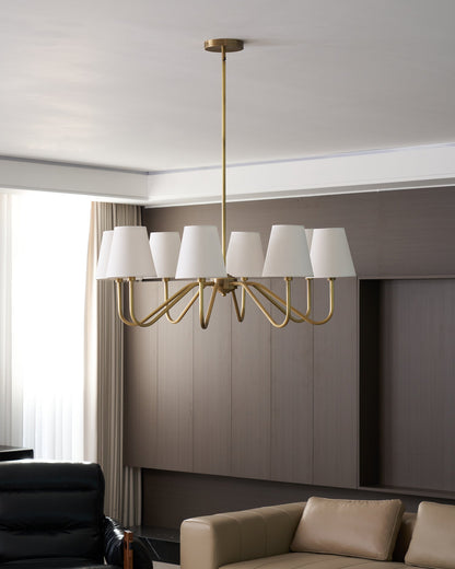 Colette Brass Chandelier, Curved Arms with Fabric Shades in Warm Brass Finish