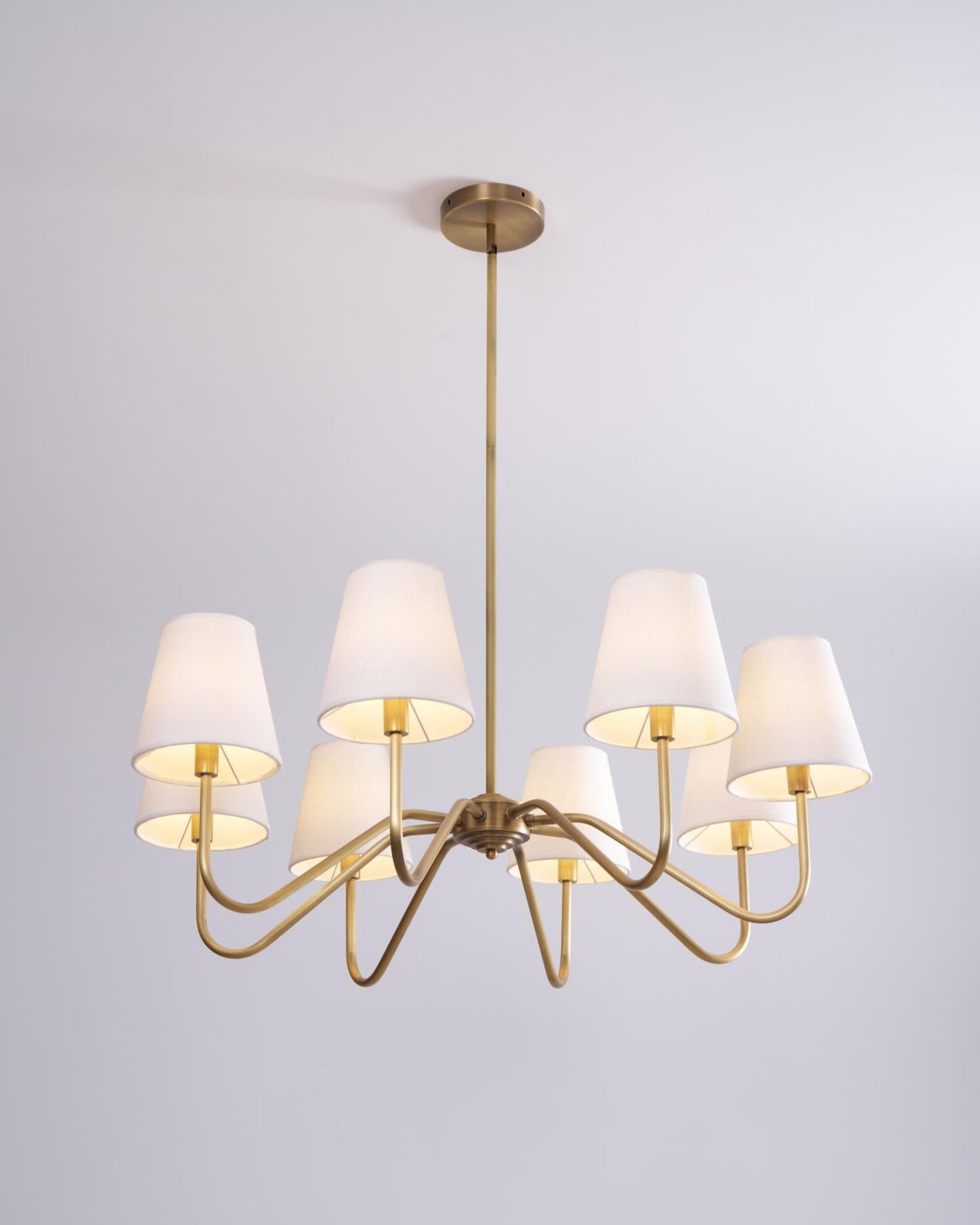 Colette Brass Chandelier, Curved Arms with Fabric Shades in Warm Brass Finish