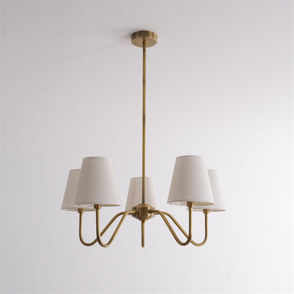 Colette Brass Chandelier, Curved Arms with Fabric Shades in Warm Brass Finish