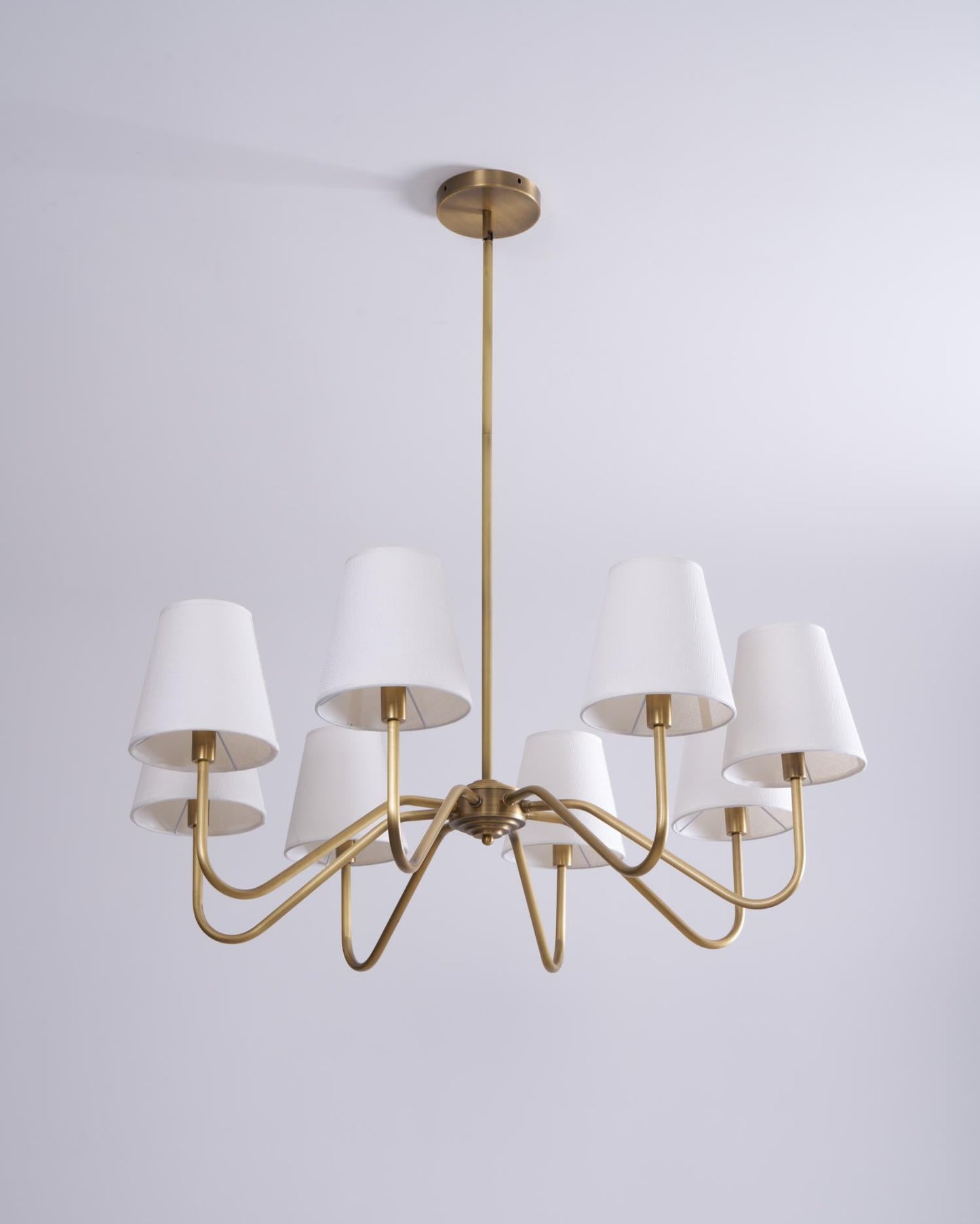 Colette Brass Chandelier, Curved Arms with Fabric Shades in Warm Brass Finish