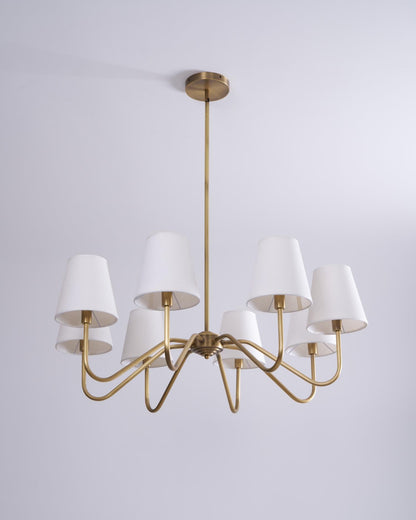 Colette Brass Chandelier, Curved Arms with Fabric Shades in Warm Brass Finish