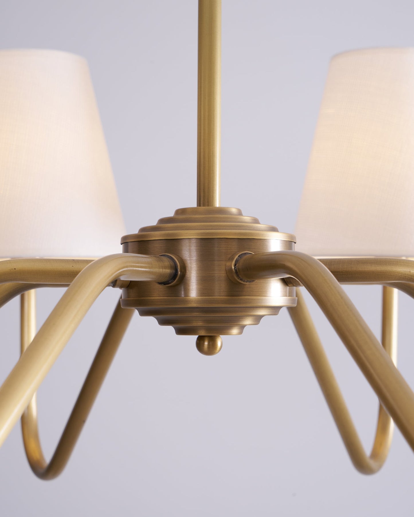 Colette Brass Chandelier, Curved Arms with Fabric Shades in Warm Brass Finish