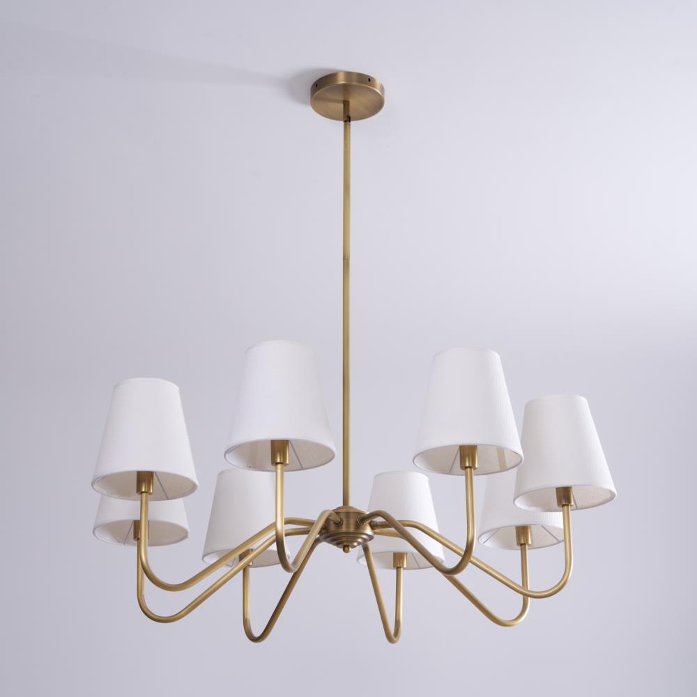 Colette Brass Chandelier, Curved Arms with Fabric Shades in Warm Brass Finish