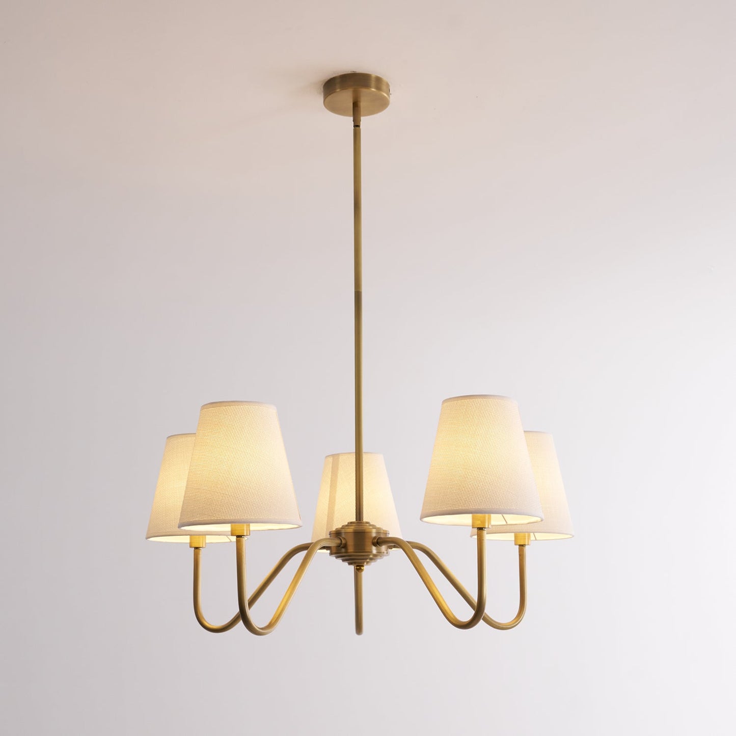 Colette Brass Chandelier, Curved Arms with Fabric Shades in Warm Brass Finish