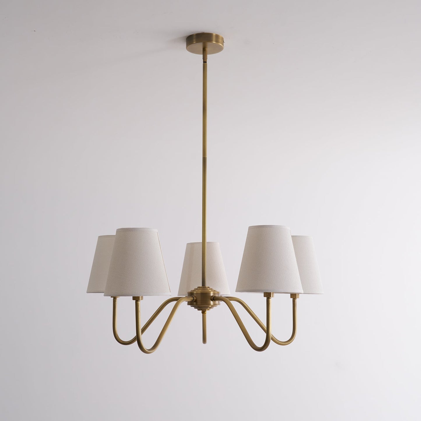 Colette Brass Chandelier, Curved Arms with Fabric Shades in Warm Brass Finish