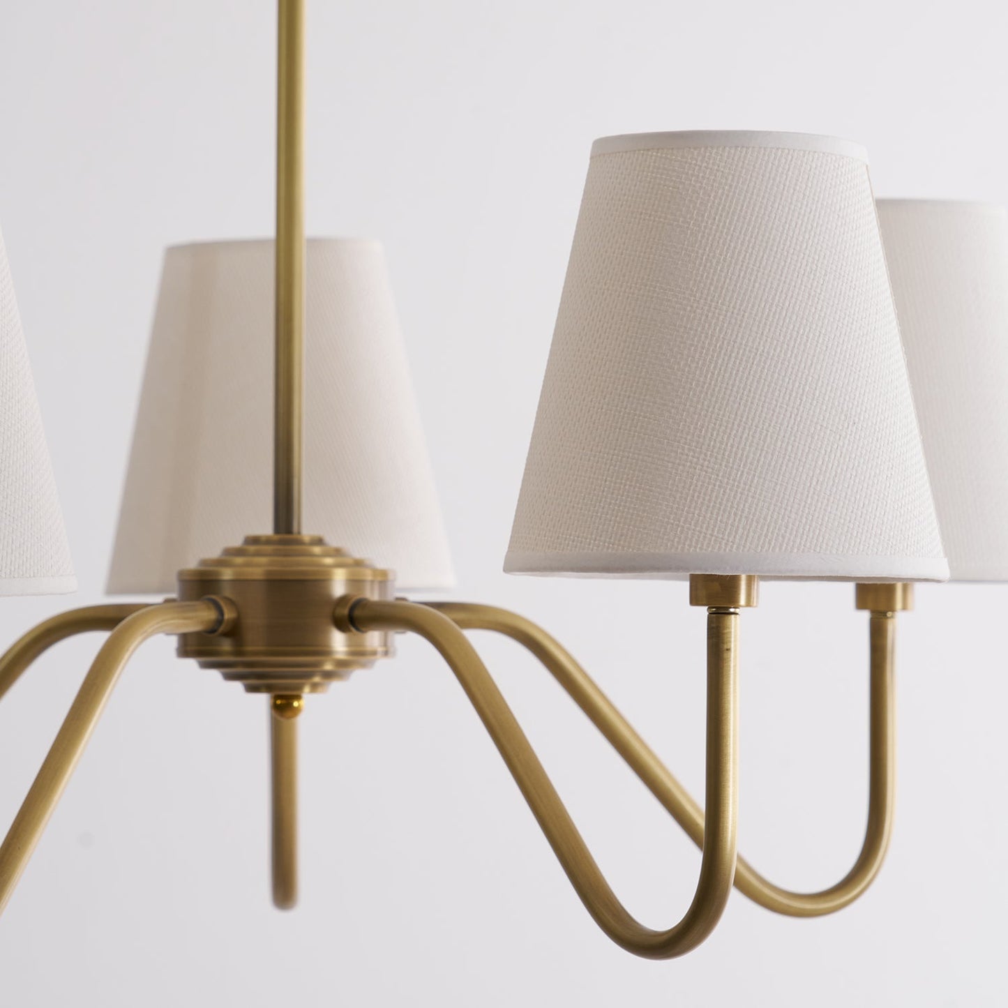 Colette Brass Chandelier, Curved Arms with Fabric Shades in Warm Brass Finish