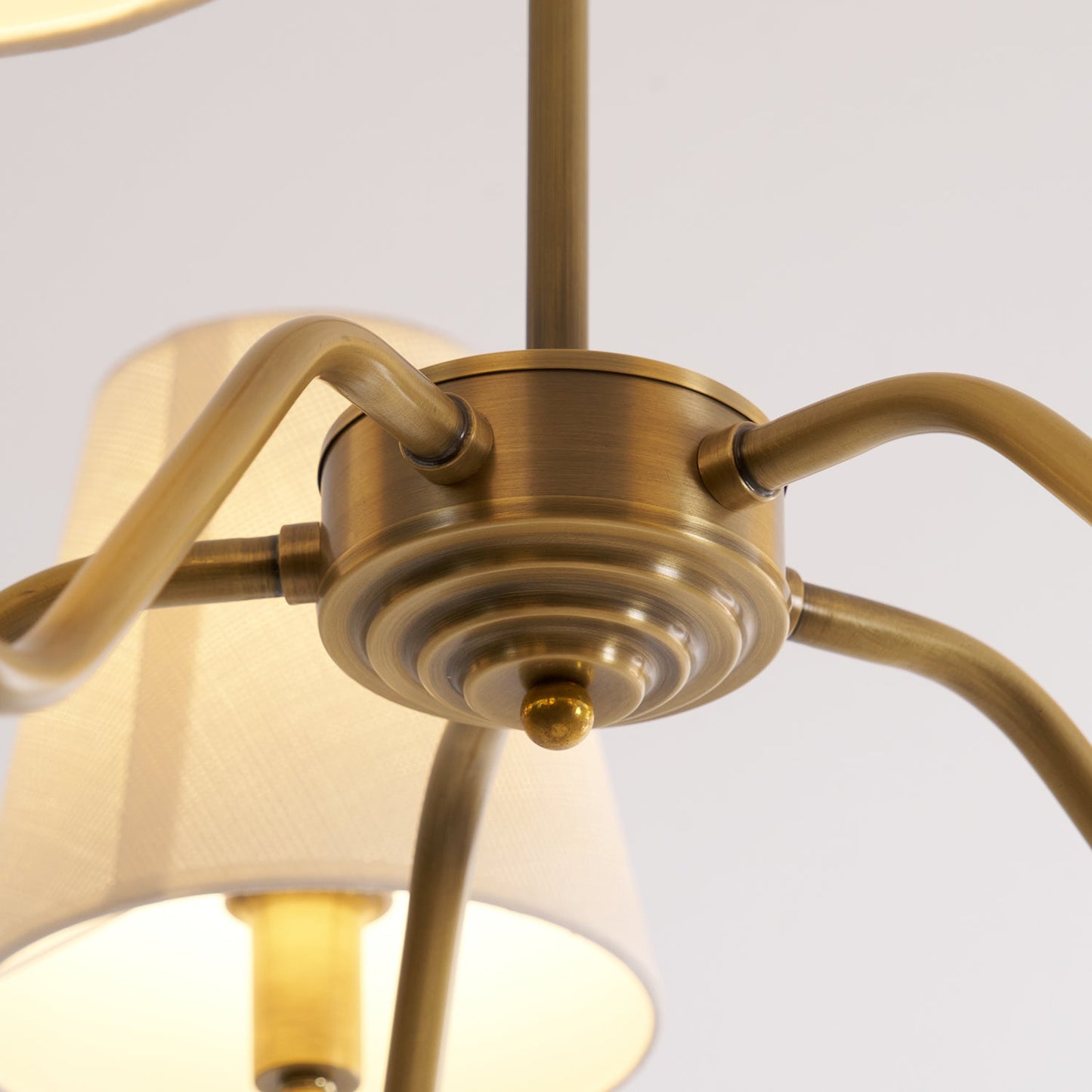 Colette Brass Chandelier, Curved Arms with Fabric Shades in Warm Brass Finish