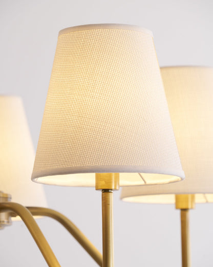 Colette Brass Chandelier, Curved Arms with Fabric Shades in Warm Brass Finish
