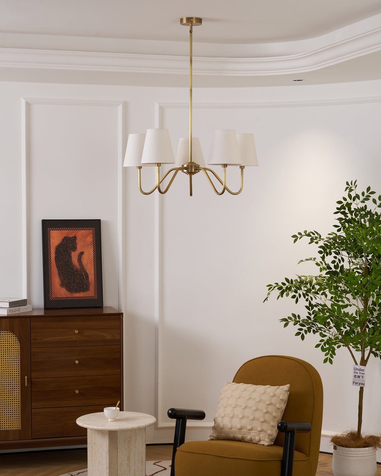 Colette Brass Chandelier, Curved Arms with Fabric Shades in Warm Brass Finish