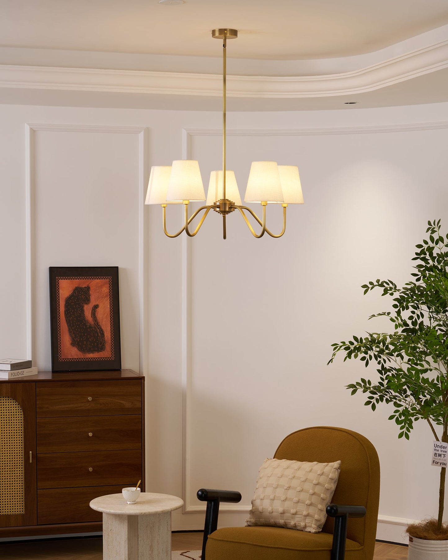 Colette Brass Chandelier, Curved Arms with Fabric Shades in Warm Brass Finish
