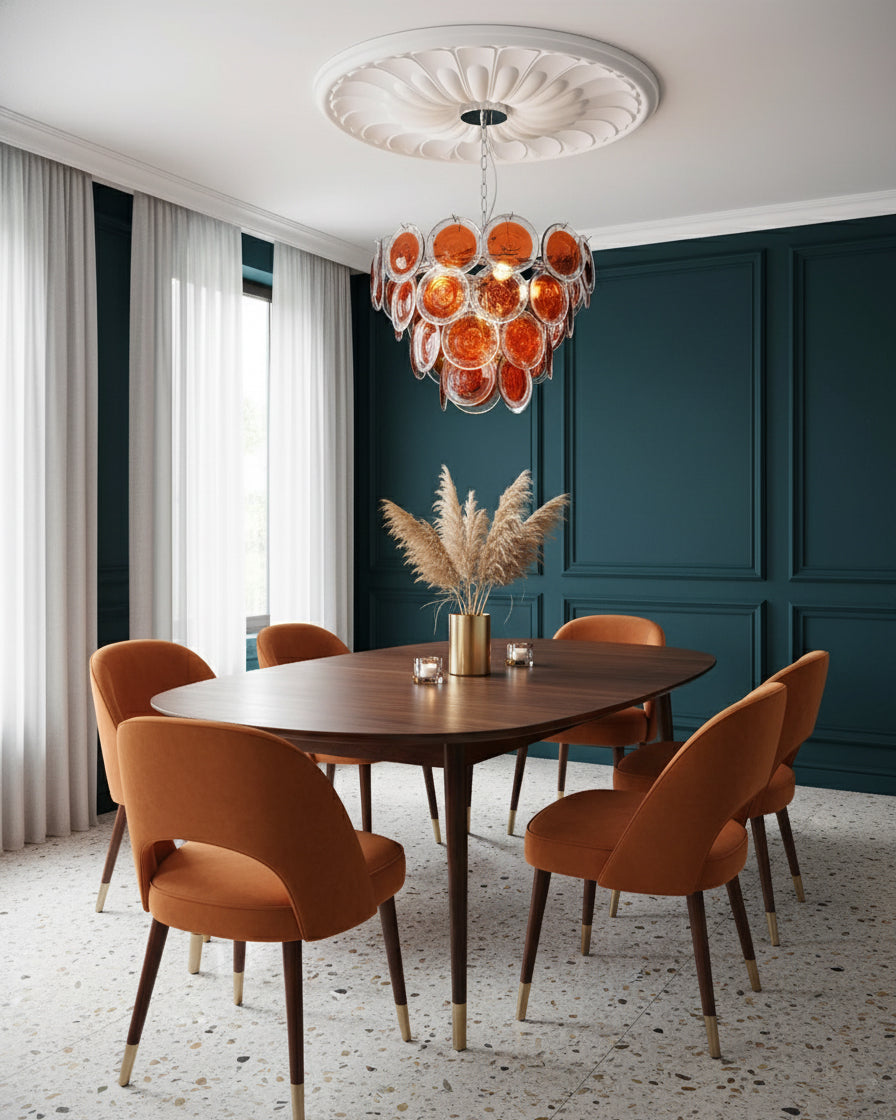 Margaux Glass Chandelier, Hand-Blown Discs with Cascading Metal Frame