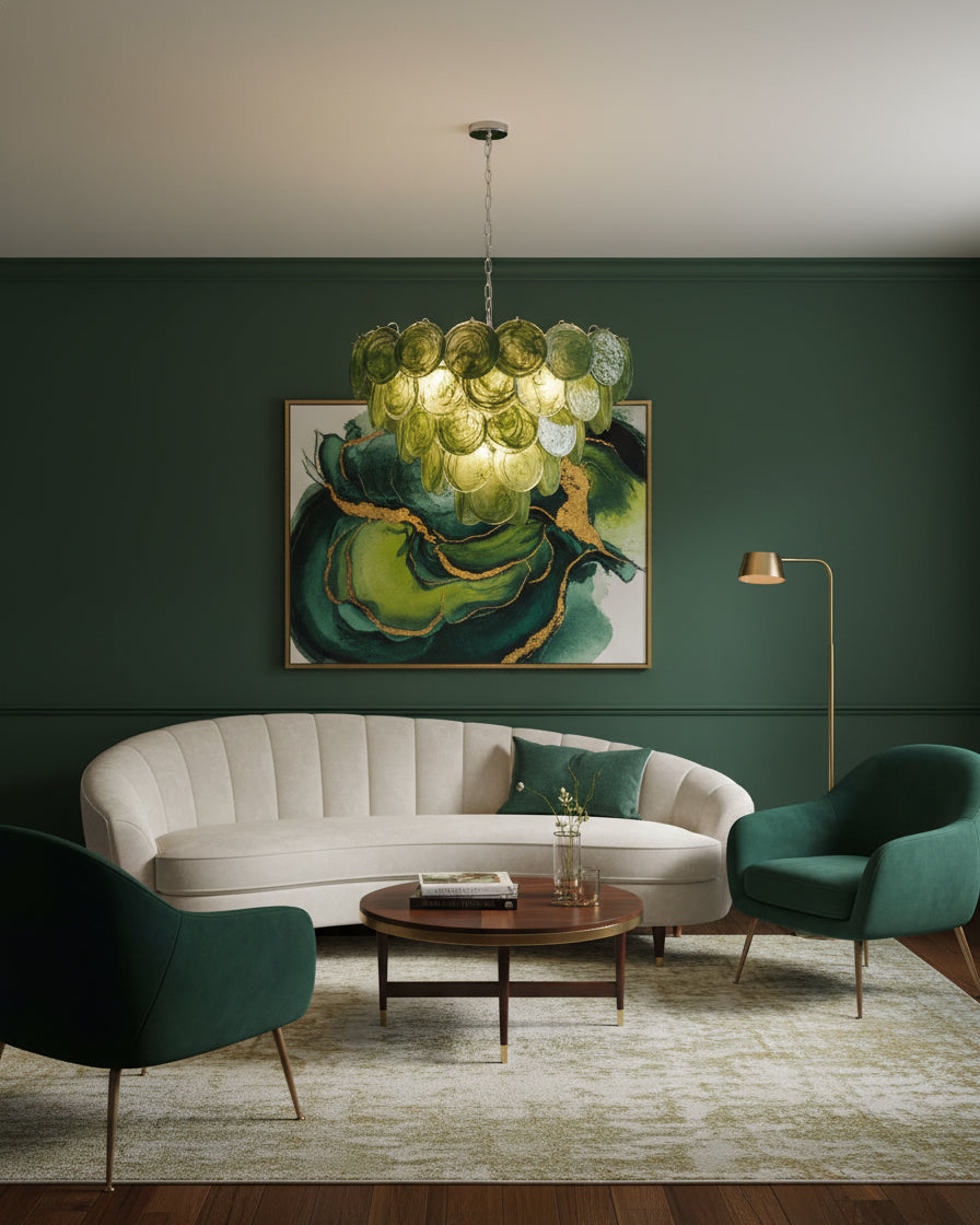 Margaux Glass Chandelier, Hand-Blown Discs with Cascading Metal Frame