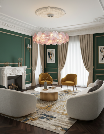 Éloise Glass Chandelier, Cascading Pink Murano-Style Discs with Metal Frame