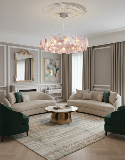 Éloise Glass Chandelier, Cascading Pink Murano-Style Discs with Metal Frame