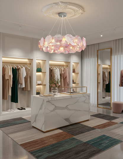 Éloise Glass Chandelier, Cascading Pink Murano-Style Discs with Metal Frame