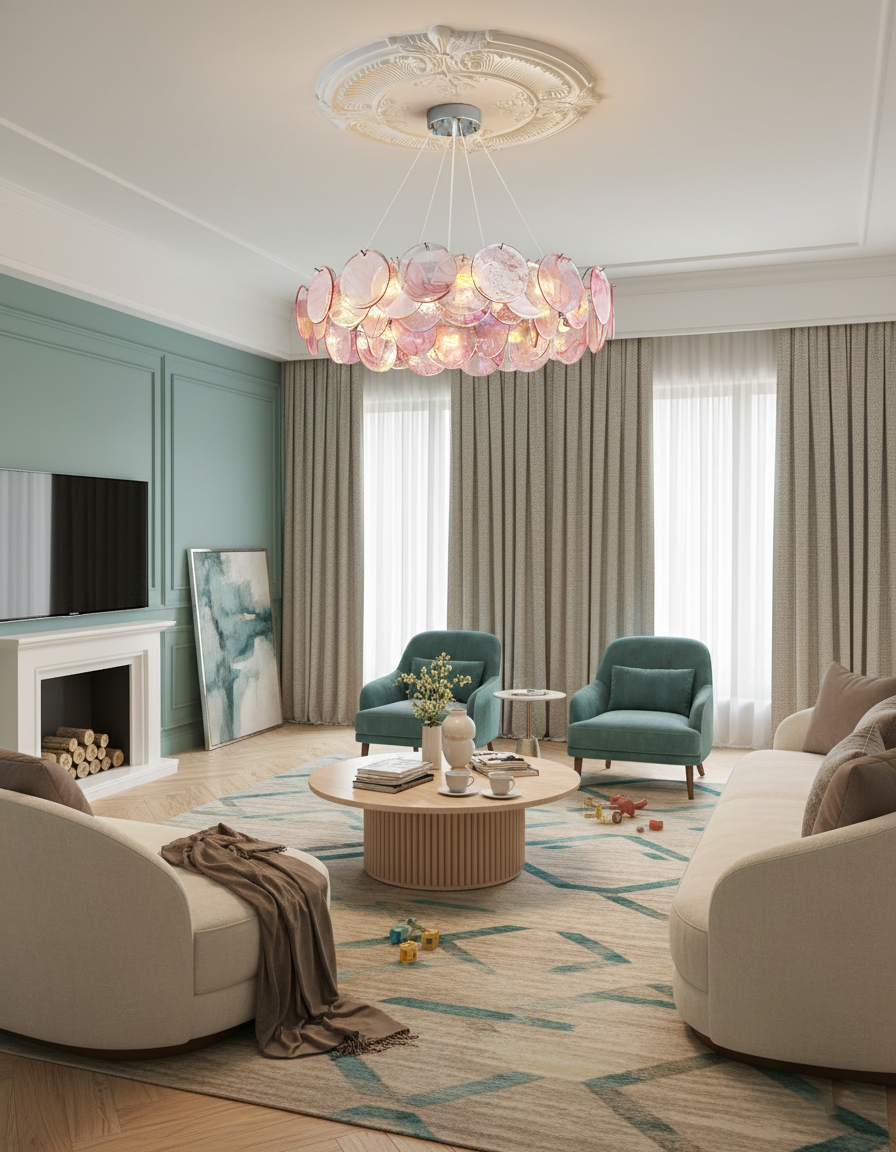 Éloise Glass Chandelier, Cascading Pink Murano-Style Discs with Metal Frame
