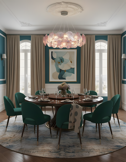 Éloise Glass Chandelier, Cascading Pink Murano-Style Discs with Metal Frame