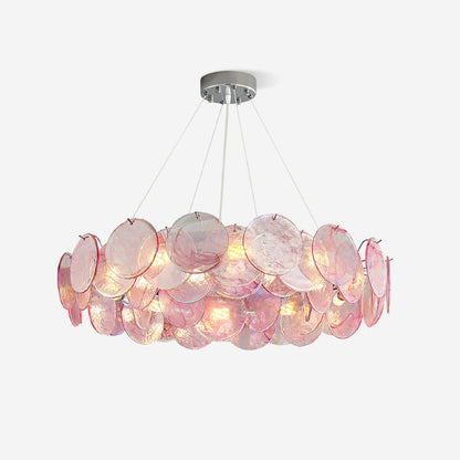 Éloise Glass Chandelier, Cascading Pink Murano-Style Discs with Metal Frame