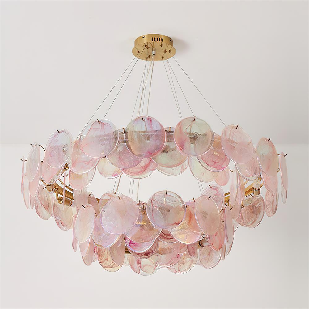 Éloise Glass Chandelier, Cascading Pink Murano-Style Discs with Metal Frame