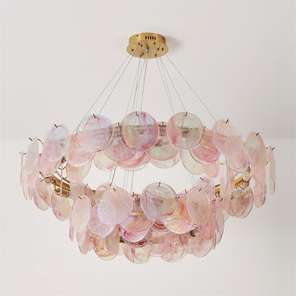 Éloise Glass Chandelier, Cascading Pink Murano-Style Discs with Metal Frame