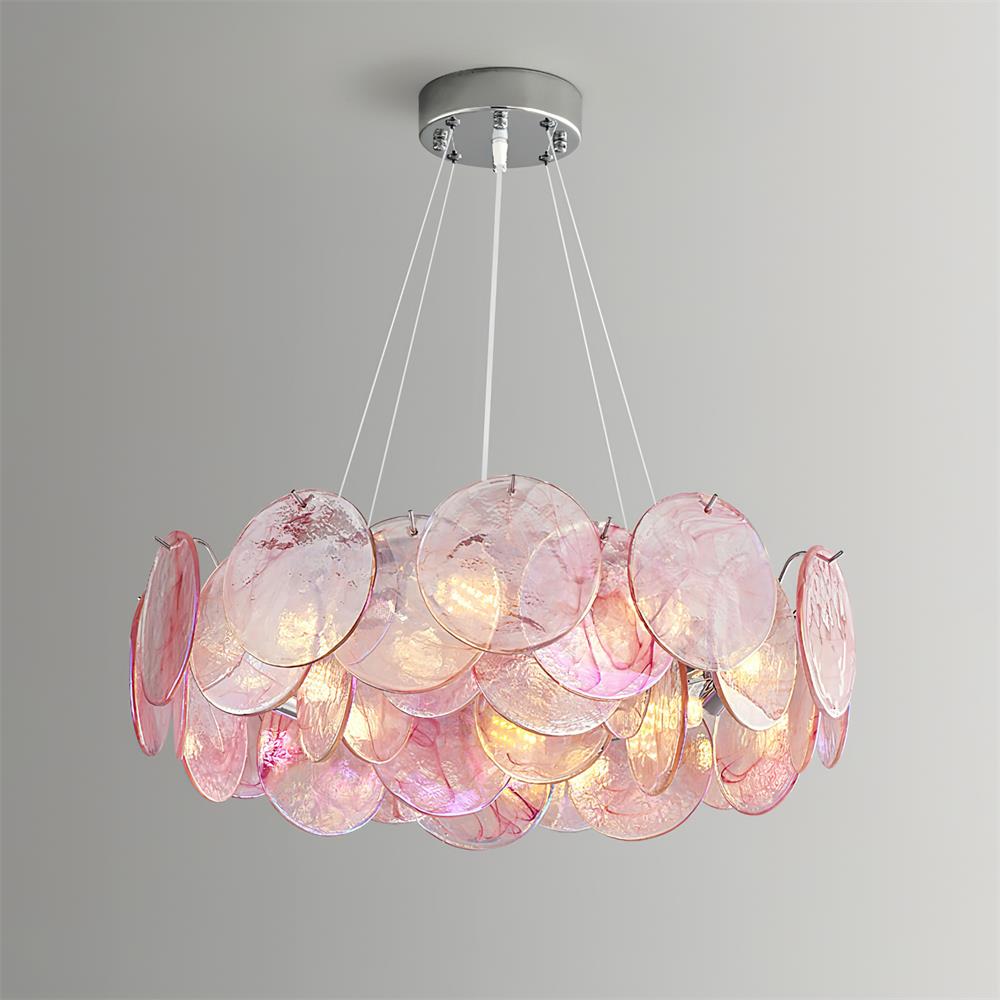 Éloise Glass Chandelier, Cascading Pink Murano-Style Discs with Metal Frame