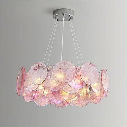 Éloise Glass Chandelier, Cascading Pink Murano-Style Discs with Metal Frame