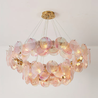 Éloise Glass Chandelier, Cascading Pink Murano-Style Discs with Metal Frame