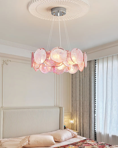 Éloise Glass Chandelier, Cascading Pink Murano-Style Discs with Metal Frame