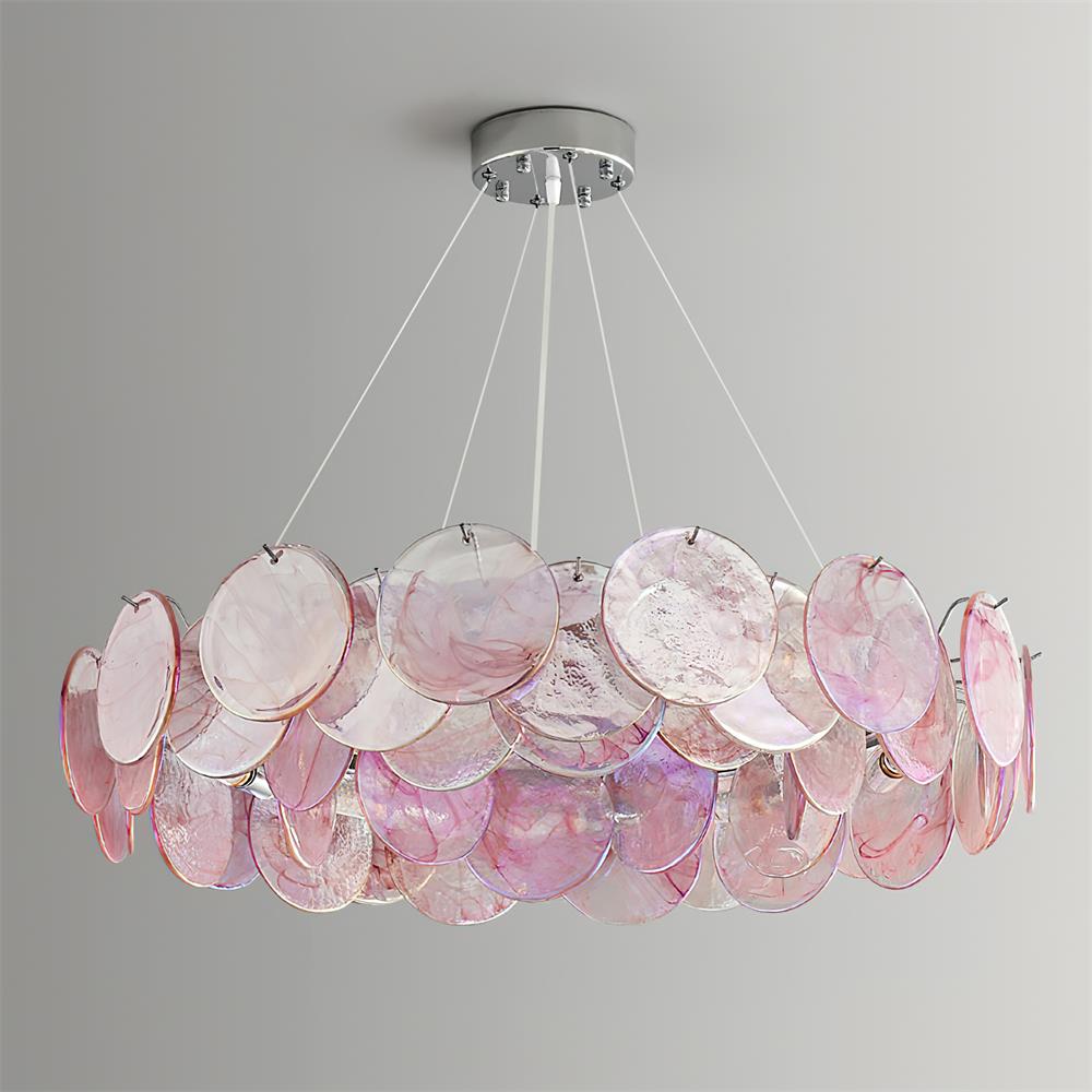 Éloise Glass Chandelier, Cascading Pink Murano-Style Discs with Metal Frame