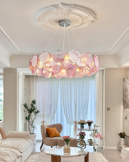 Éloise Glass Chandelier, Cascading Pink Murano-Style Discs with Metal Frame