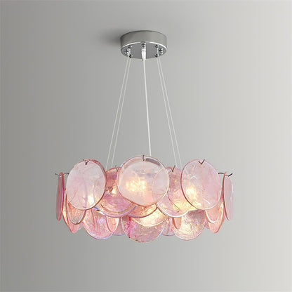 Éloise Glass Chandelier, Cascading Pink Murano-Style Discs with Metal Frame
