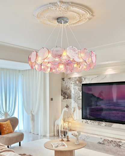 Éloise Glass Chandelier, Cascading Pink Murano-Style Discs with Metal Frame