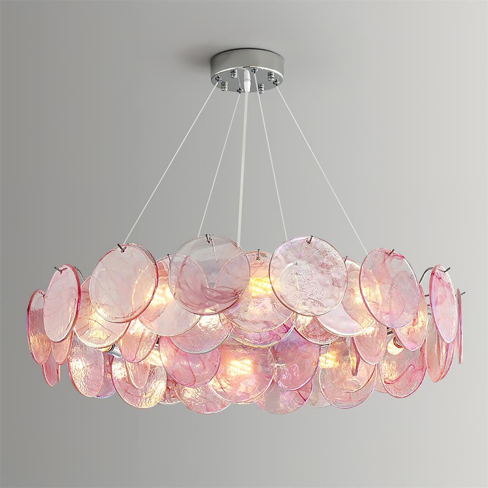 Éloise Glass Chandelier, Cascading Pink Murano-Style Discs with Metal Frame