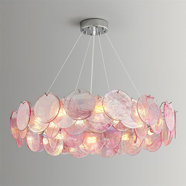 Éloise Glass Chandelier, Cascading Pink Murano-Style Discs with Metal Frame