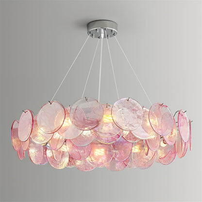 Éloise Glass Chandelier, Cascading Pink Murano-Style Discs with Metal Frame