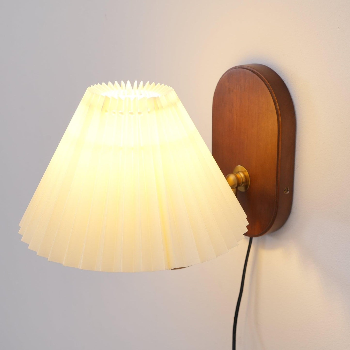 Louise Plug-In Wall Lamp with Walnut Base and Pleated Fabric Shade