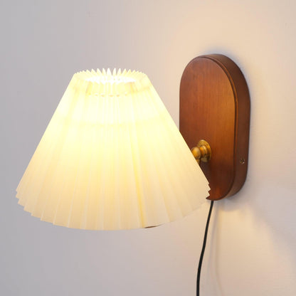 Louise Plug-In Wall Lamp with Walnut Base and Pleated Fabric Shade