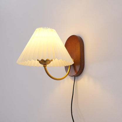 Louise Plug-In Wall Lamp with Walnut Base and Pleated Fabric Shade