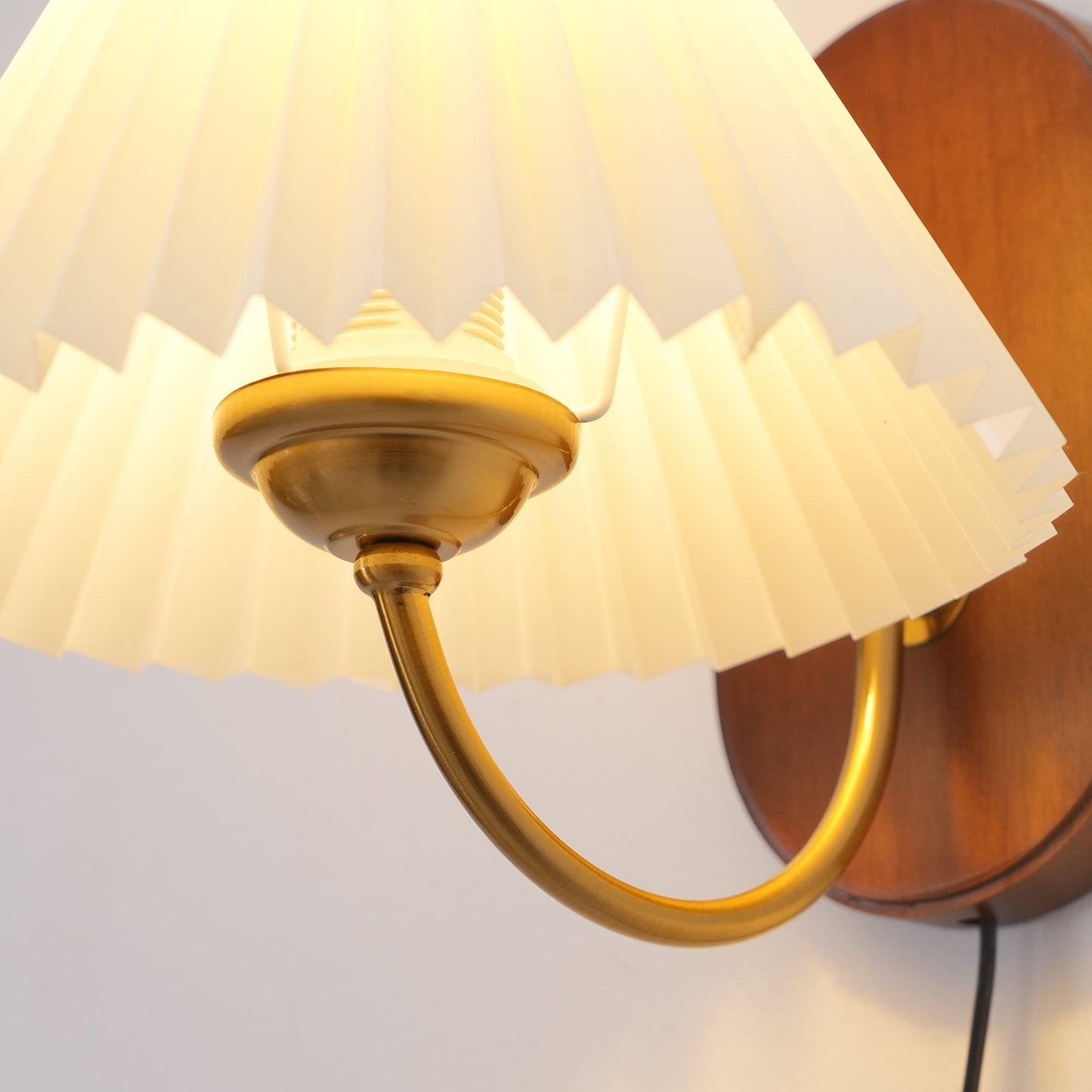 Louise Plug-In Wall Lamp with Walnut Base and Pleated Fabric Shade
