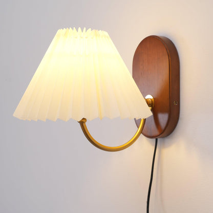 Louise Plug-In Wall Lamp with Walnut Base and Pleated Fabric Shade