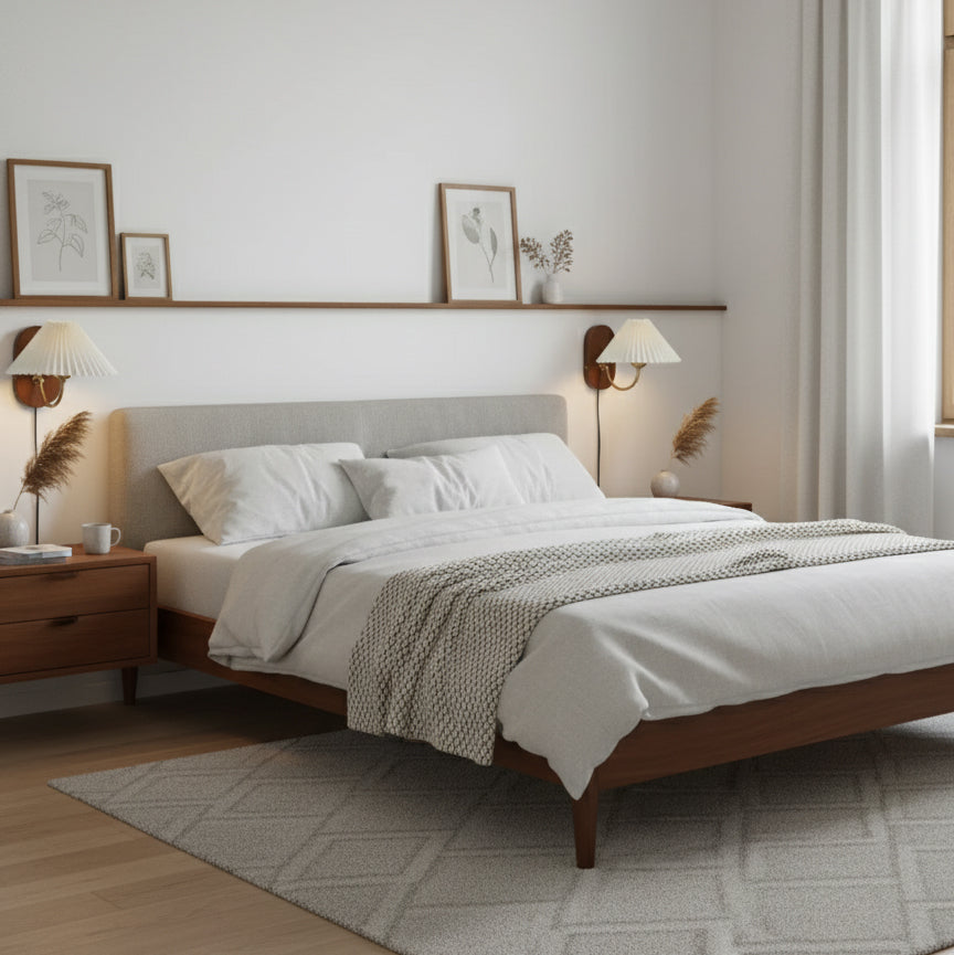 Louise Plug-In Wall Lamp with Walnut Base and Pleated Fabric Shade