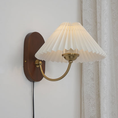 Louise Plug-In Wall Lamp with Walnut Base and Pleated Fabric Shade