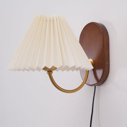 Louise Plug-In Wall Lamp with Walnut Base and Pleated Fabric Shade